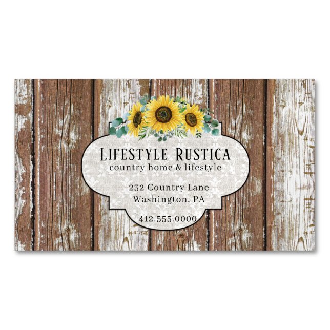 Rustikaler Holzschnitt Shabby Grunge Sonnenblume M Magnetische Visitenkarte (Vorderseite)