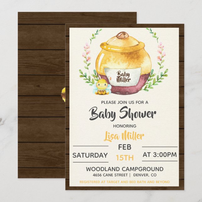 Rustikaler Honigtopf & Biene Baby Shower Einladung (Vorne/Hinten)