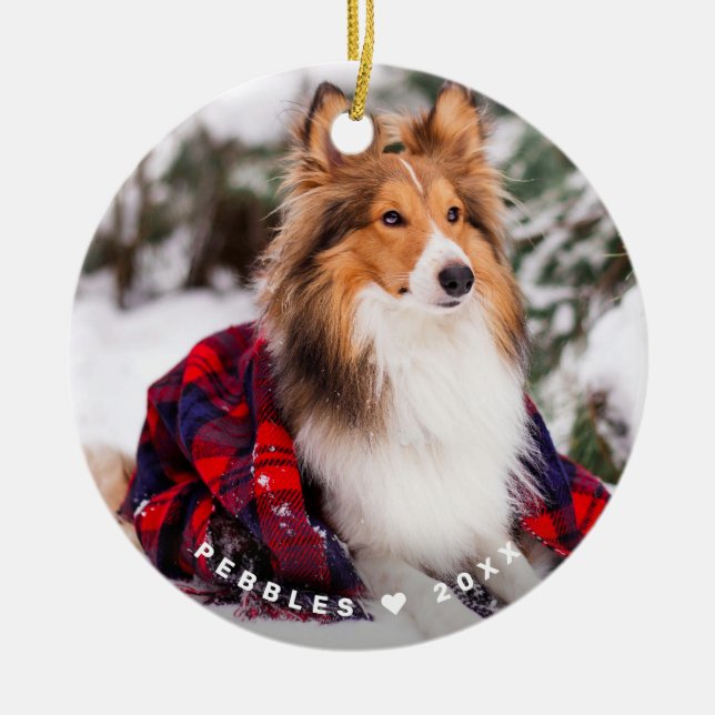 Rustikaler Hund Foto Name Red Buffalo Karierter Ur Keramik Ornament (Vorne)