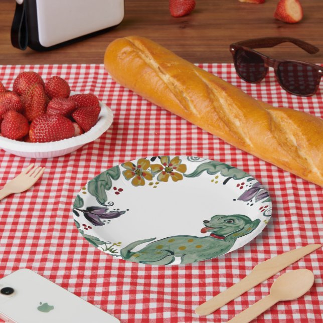 Rustikaler Hund Welpe Aquamarin farbenfrohe Bauern Pappteller (Picknick)