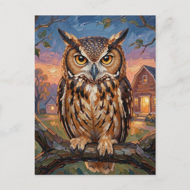 Rustikaler Impasto-Uhu sagt Hallo Postkarte (Vorderseite)
