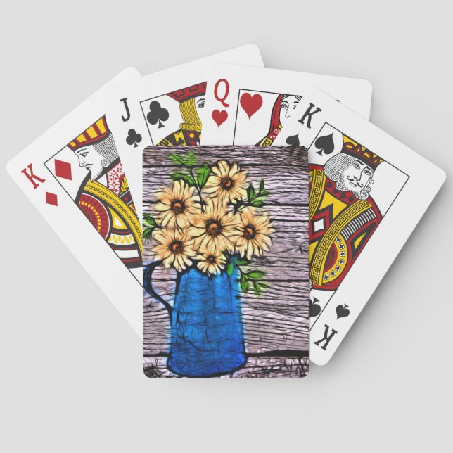 Rustikaler Impressionismus blaue Vase gelbe Daisy Spielkarten (Rückseite)