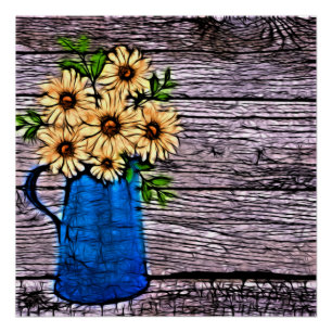 Rustikaler Impressionismus Blauer Vase Sommerdaisi Poster