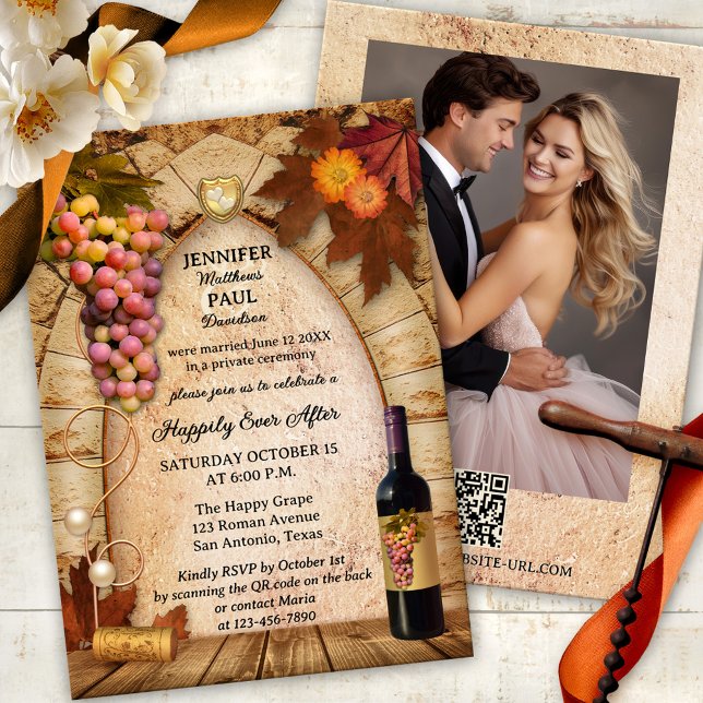 Rustikaler italienischer Wein glücklich je nach Ho Einladung (Happily Ever After wedding invitation featuring an Italian rustic vineyard or wine theme with grapes)