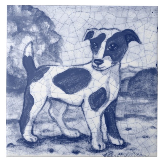 Rustikaler Jack Russell Terrier Dog Blue Delft Ded Fliese (Vorderseite)