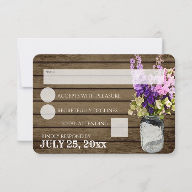 Rustikaler Jar Delpheniums Response RSVP Karte (Vorderseite)