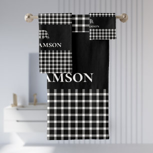 Rustikaler Karierter Monogramm-Bär   SCHWARZ-WEISS Badhandtuch Set