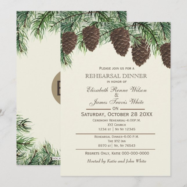 Rustikaler Kiefernkegel während der Probe Einladung (Vorne/Hinten)