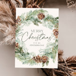 Rustikaler Kiefernkiefer Kranz, nicht Foto Feiertagskarte<br><div class="desc">Elegante Urlaubskarte mit einem Aquarellkranz aus Pinecones,  Kiefernbäumen und üppiger Vegetation mit einem hellen cremefarbenen Hintergrund. "Frohe Weihnachten" wird in einem dunkelgrünen Skript angezeigt,  in dem Ihr Name unten angezeigt wird. Die Non-Foto-Urlaubskarte kehrt zurück,  um Ihre persönliche Nachricht auf einem dunkelgrünen Hintergrund anzuzeigen.</div>