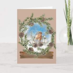 Rustikaler Kiefernwald und Vogelschneeglobe Weihna Karte