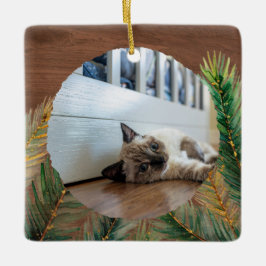 Rustikaler Kiefernzweig Pet's erster Weihnachtssaf Keramikornament