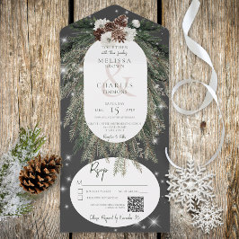 Rustikaler Kohlenkiefer-Wintersparkle QR-Code All In One Einladung