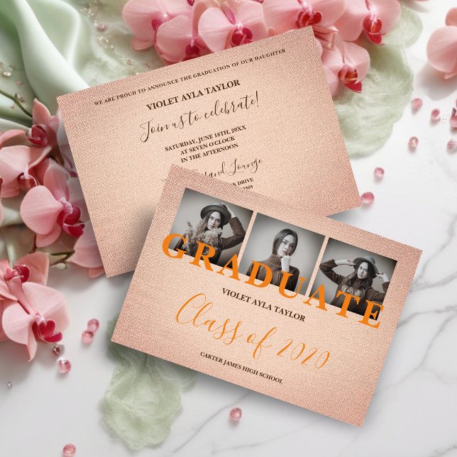 Rustikaler Koralleneffekt 3 Fotos Grad Grad (Rustic Coral Fabric Effect 3 Multi Photos Graduation Invitation Card. )