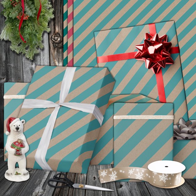 Rustikaler Kraft-Dusty Aquamariner, breiter Streif Geschenkpapier (Rustic Kraft Dusty Teal Green Wide Stripe Holiday Wrapping Paper in 6 & 15 foot rolls of 30" widths)