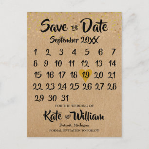 Rustikaler Kraft Gold Herz Kalender Save the Date Postkarte