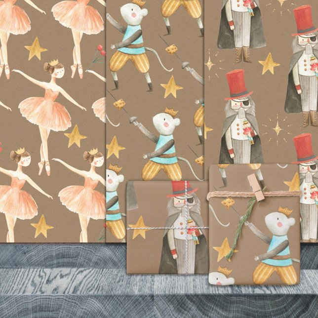Rustikaler Kraft Nutcracker Ballett Weihnachtsfeie Geschenkpapier Set (Rustic Kraft Nutcracker Christmas Holiday 2 Gift Wrapping Paper Sheets Trio)