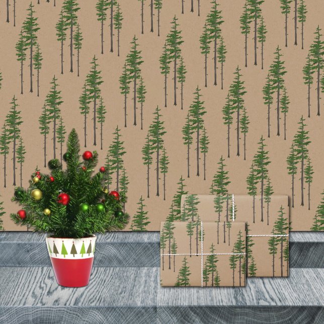 Rustikaler Kraft Östlicher Pinienwald Geschenkpapier (Rustic Kraft Eastern Pine Tree Woodland Forest Christmas Holiday Gift Wrapping Paper Rolls)