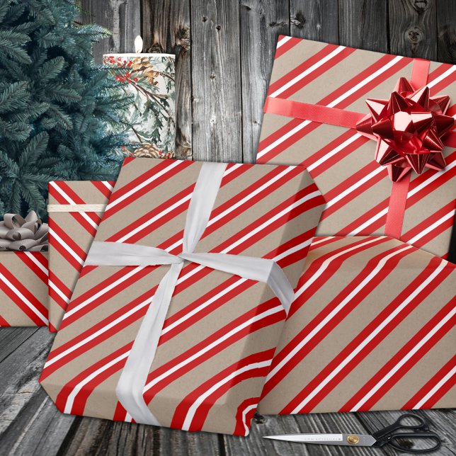 Rustikaler Kraft Roter Streifen Urlaub Geschenkpapier (Rustic Kraft Red White Wide Stripe Holiday Wrapping Paper in 6 & 15 foot long 30 Inch Width Rolls
)
