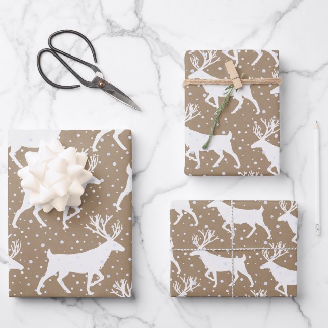 Rustikaler Kraft Weißer Stag Reindeer Schneefall Geschenkpapier Set (Vorderseite)