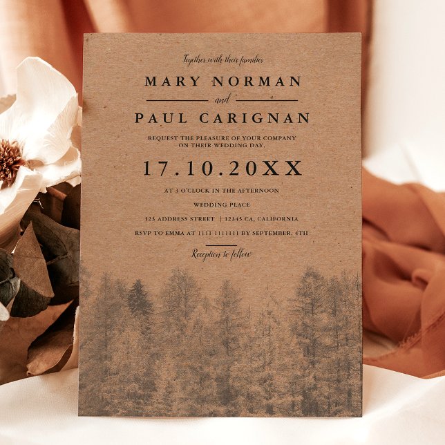 Rustikaler Krampf Herbst Kiefernwald Hochzeit Einladung (Rustic kraft Fall winter pine trees forest wedding Invitation)