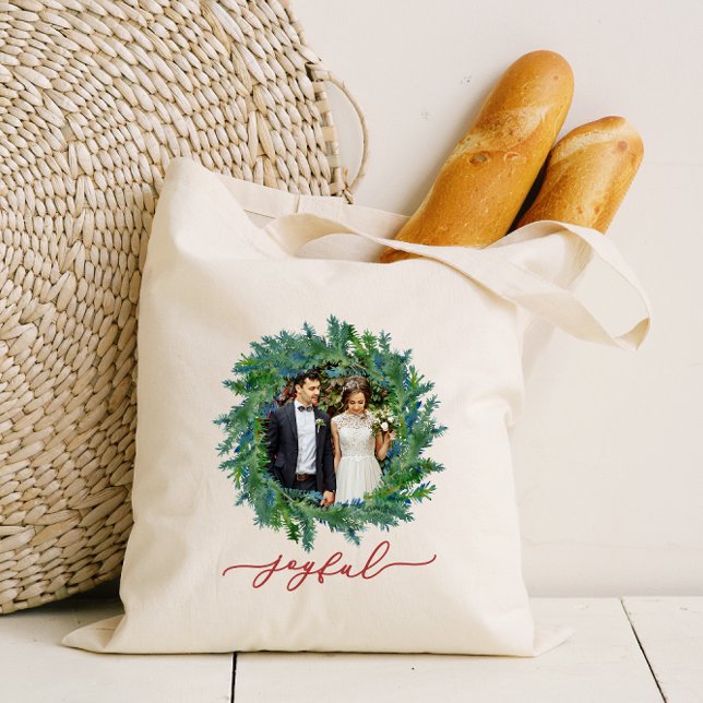 Rustikaler Kranz mit freudigem Script und Foto Hol Tragetasche (Von Creator hochgeladen)