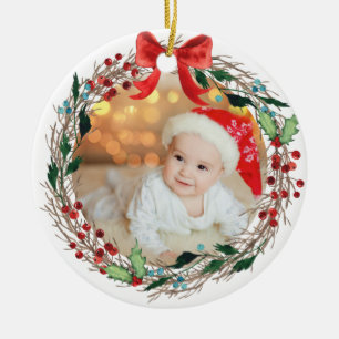 Rustikaler Kranz mit individuellem Foto, Silberglo Keramik Ornament