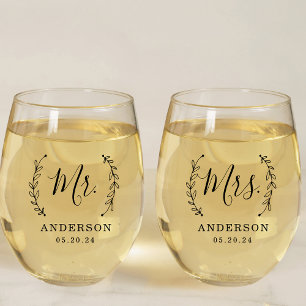 Rustikaler Kranz Mr. und Mrs. Hochzeitsgeschenk Weinglas Ohne Stiel