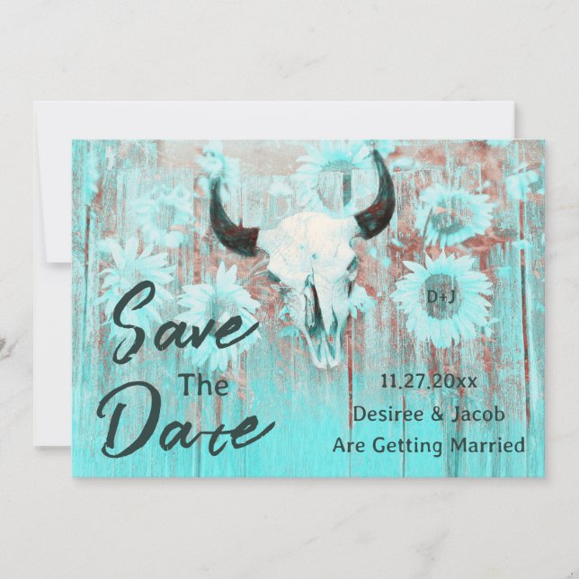 Rustikaler Kuh Skull Boho Aquamariner Western Sonn Save The Date (Vorderseite)