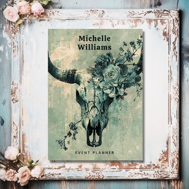 Rustikaler Kuh Skull Floral Boho Western Visitenkarte (Front - Rustic Cow Skull Floral Boho Western Business Card)