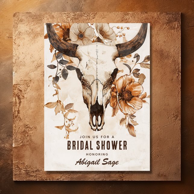 Rustikaler Kuh Skull Floral Western Boho Brautpart Einladung (Front - Rustic Cow Skull Floral Western Boho Bridal Shower Invitation)