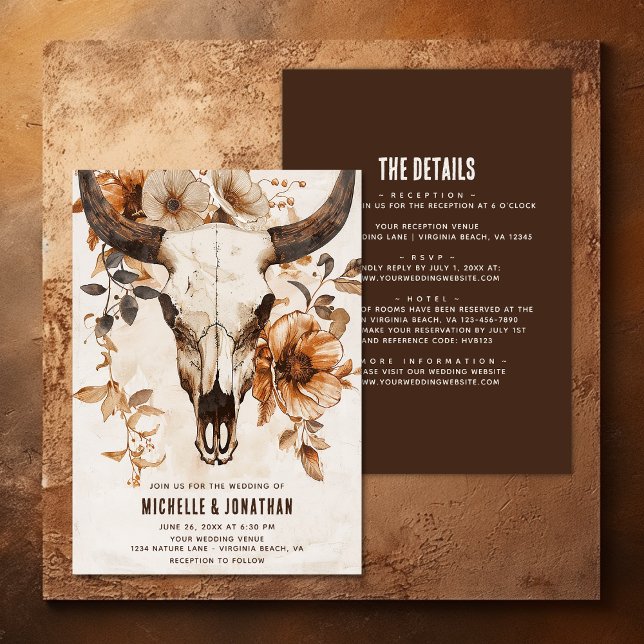 Rustikaler Kuhschädel floraler Boho Alle in einer  Einladung (Rustic Cow Skull Floral Boho All in One Wedding Invitation)