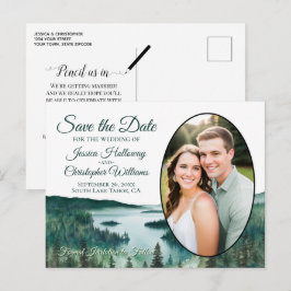 Rustikaler Lake Tahoe Oval-Foto Save-the-Date Ankündigungspostkarte