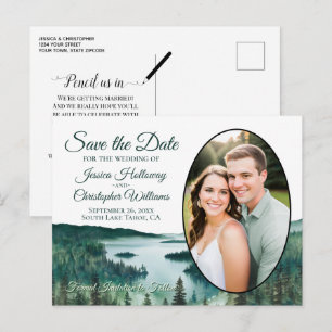 Rustikaler Lake Tahoe Oval-Foto Save-the-Date Ankündigungspostkarte