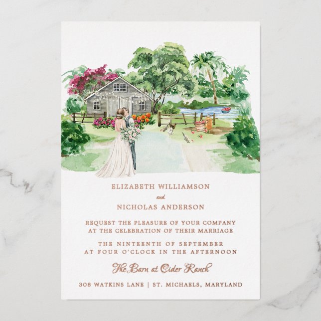 Rustikaler Landbetrieb | Elegant Barn Wedding Folieneinladung (Vorderseite)