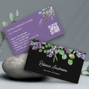 Rustikaler Lavendel-Blumen-Eukalyptus-Schwarzer QR Visitenkarte