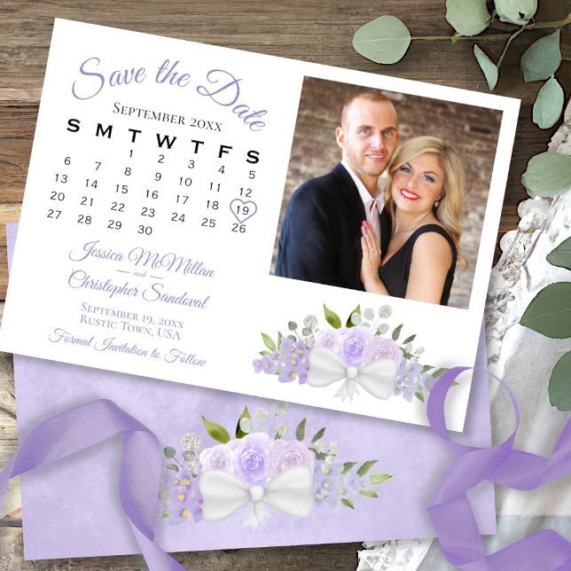 Rustikaler Lavendel-Blumenkalender & Foto Hochzeit Save The Date (In Situ Front/Back)