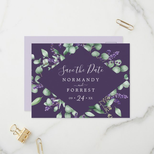 Rustikaler Lavendel | Lila Save the Date Postkarte (Vorderseite/Rückseite Beispiel)