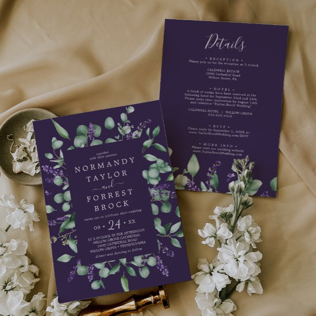 Rustikaler Lavendel mit Lila Blüte auf einer Hochz Einladung (Rustic Lavender Purple Floral All In One Wedding Invitation)