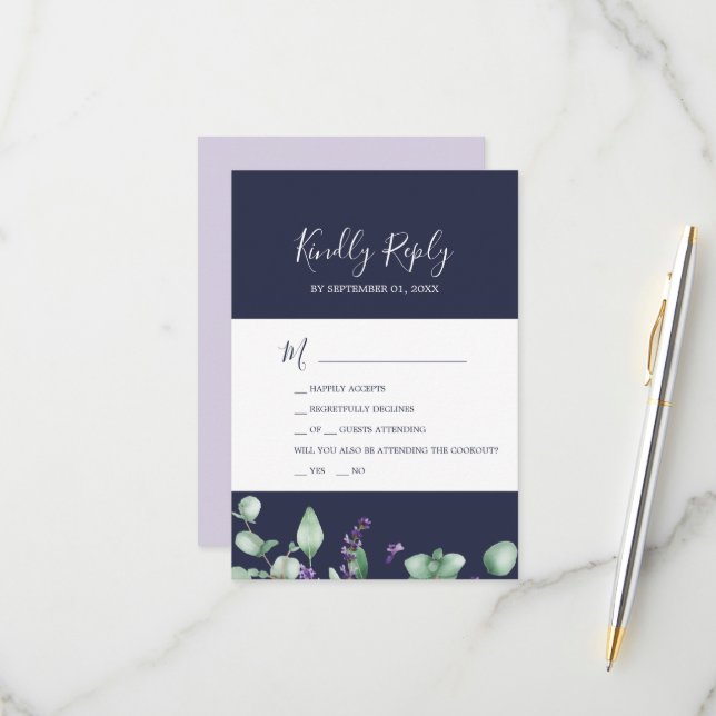 Rustikaler Lavendel | Navy Blue 2 Event RSVP Card Karte (Vorderseite/Rückseite Beispiel)