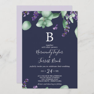 Rustikaler Lavendel   Navy Blue Monogram Wedding Einladung