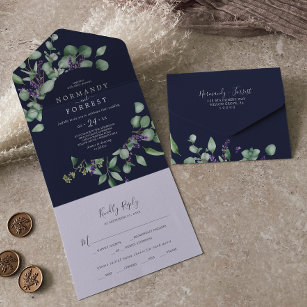 Rustikaler Lavendel und Eukalyptus   Blue Wedding All In One Einladung