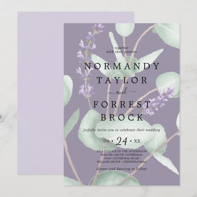 Rustikaler Lavendel verblasste Eukalyptus-Hochzeit Einladung (Vorne/Hinten)