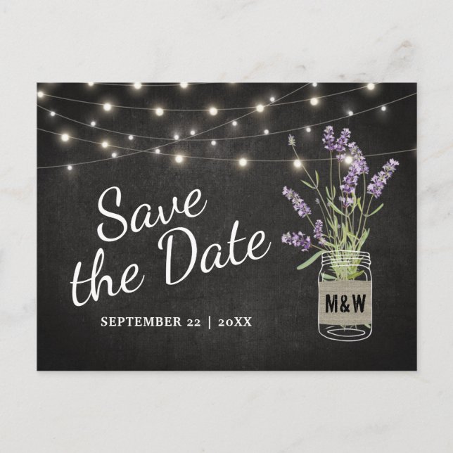 Rustikaler Lavender Mason Jar Lights Save the Date Ankündigungspostkarte (Vorderseite)