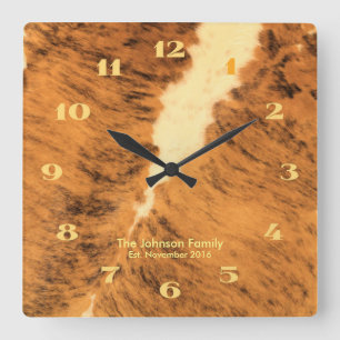 Rustikaler Leder-Druck Texas Longhorn Quadratische Wanduhr