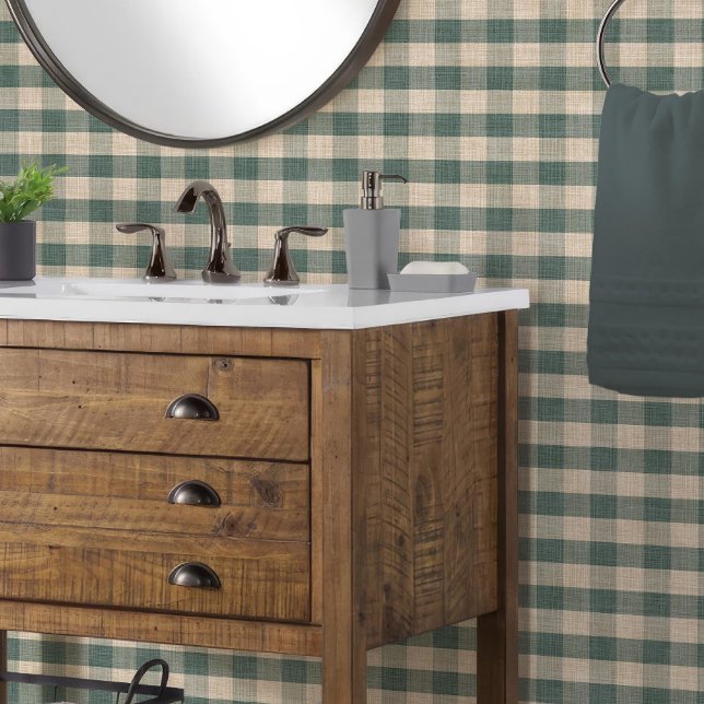 Rustikaler Leinen-Look Büffel-Karo Plaid Blau und  Tapete (rustic masculine mountain lodge cabin styled buffalo check plaid in dusty blue green and creamy tan
)