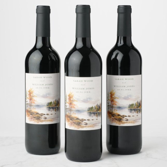 Rustikaler Leinenprint mit Herbstsee Hochzeit Weinetikett (Flaschen)