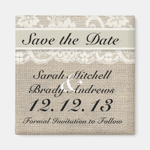 Rustikaler Leinwand-Spitze-Elfenbein-Save the Date Magnet