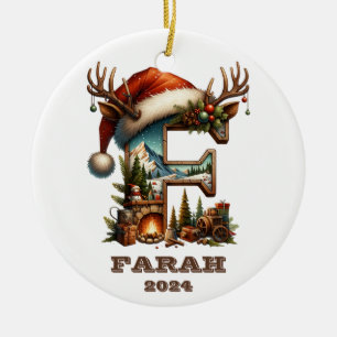 Rustikaler Letter F Cosy Cabin Scene Weihnachten Keramik Ornament