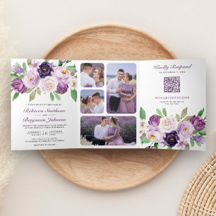 Rustikaler Lila-Blumen Einheits-QR-Code-Hochzeit Dreifach Gefaltete Einladung