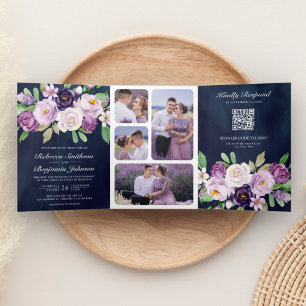 Rustikaler Lila Blumen QR Code Navy Blau Hochzeit Dreifach Gefaltete Einladung